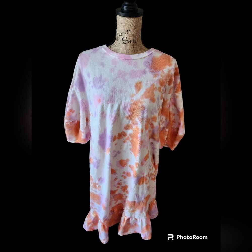 Scoop Sweater Dress Womens SZ XL Boho Peasant Hippie Tie Dye Ruffle‎ Comfort